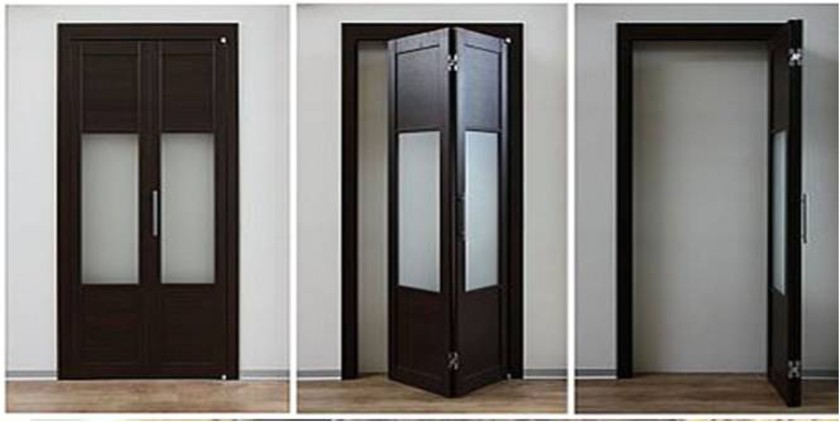 Шпонированные двери гармошка с матовыми стеклянными вставками Салават